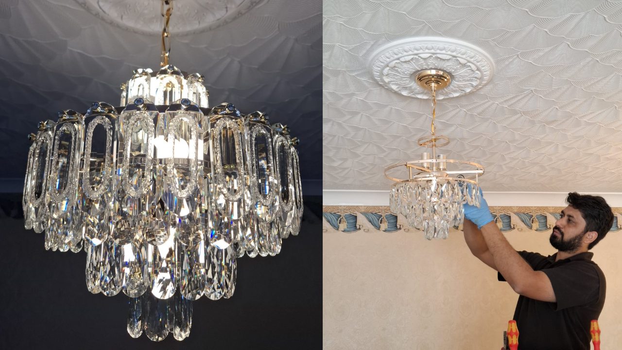 Crystal glass chandelier on a ceiling rose